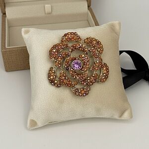 Sparkling Rose Flower Brooch Amber AB Crystal Rhinestones